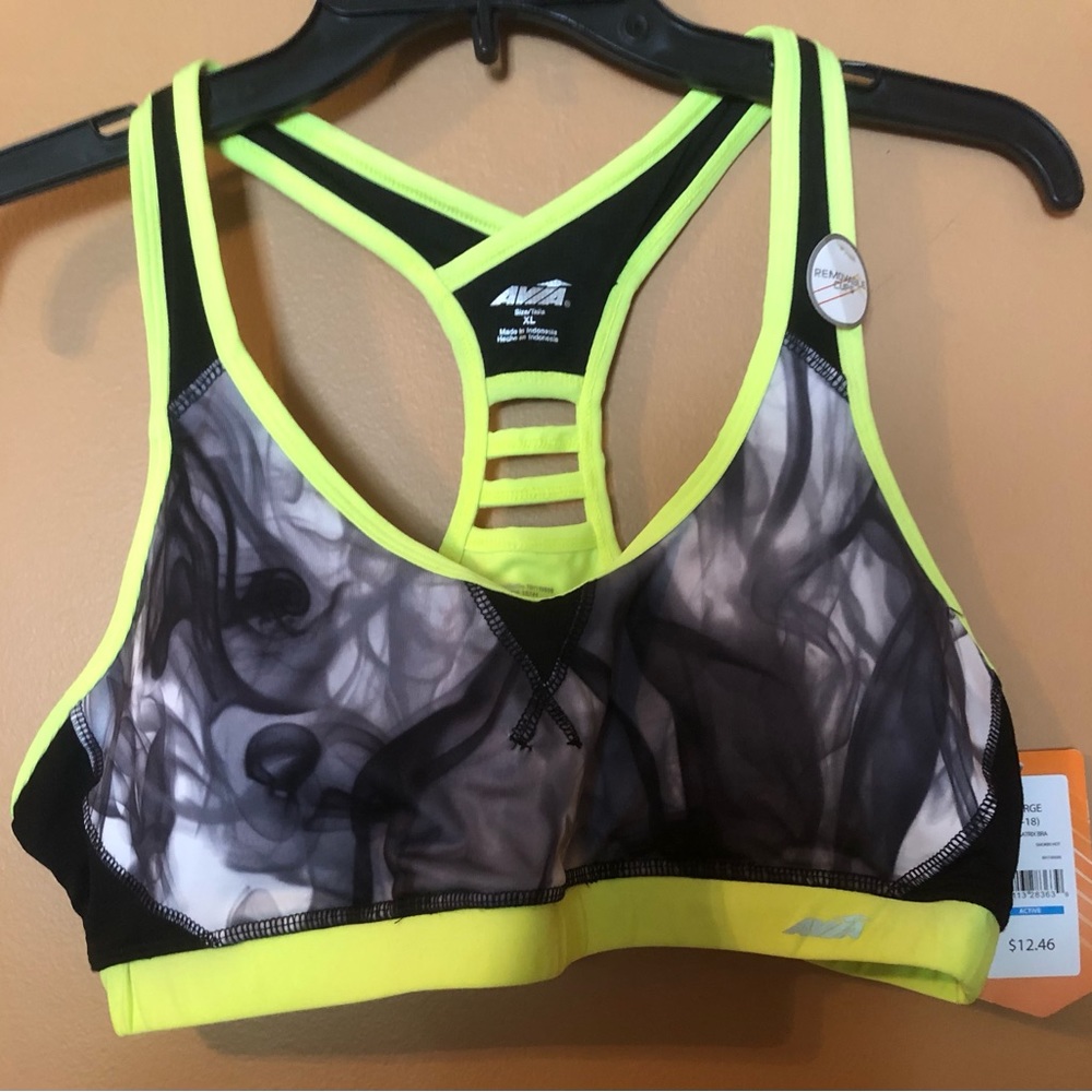 AVIA Neon Yellow & Black Smoke Print Sports Bra